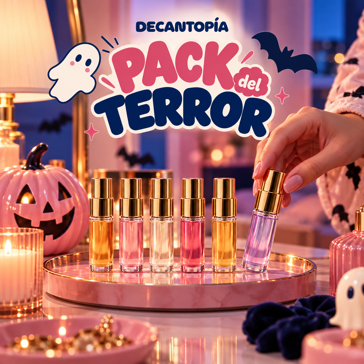 Pack del Terror con decants de perfume y decoración de Halloween; imagen referencial