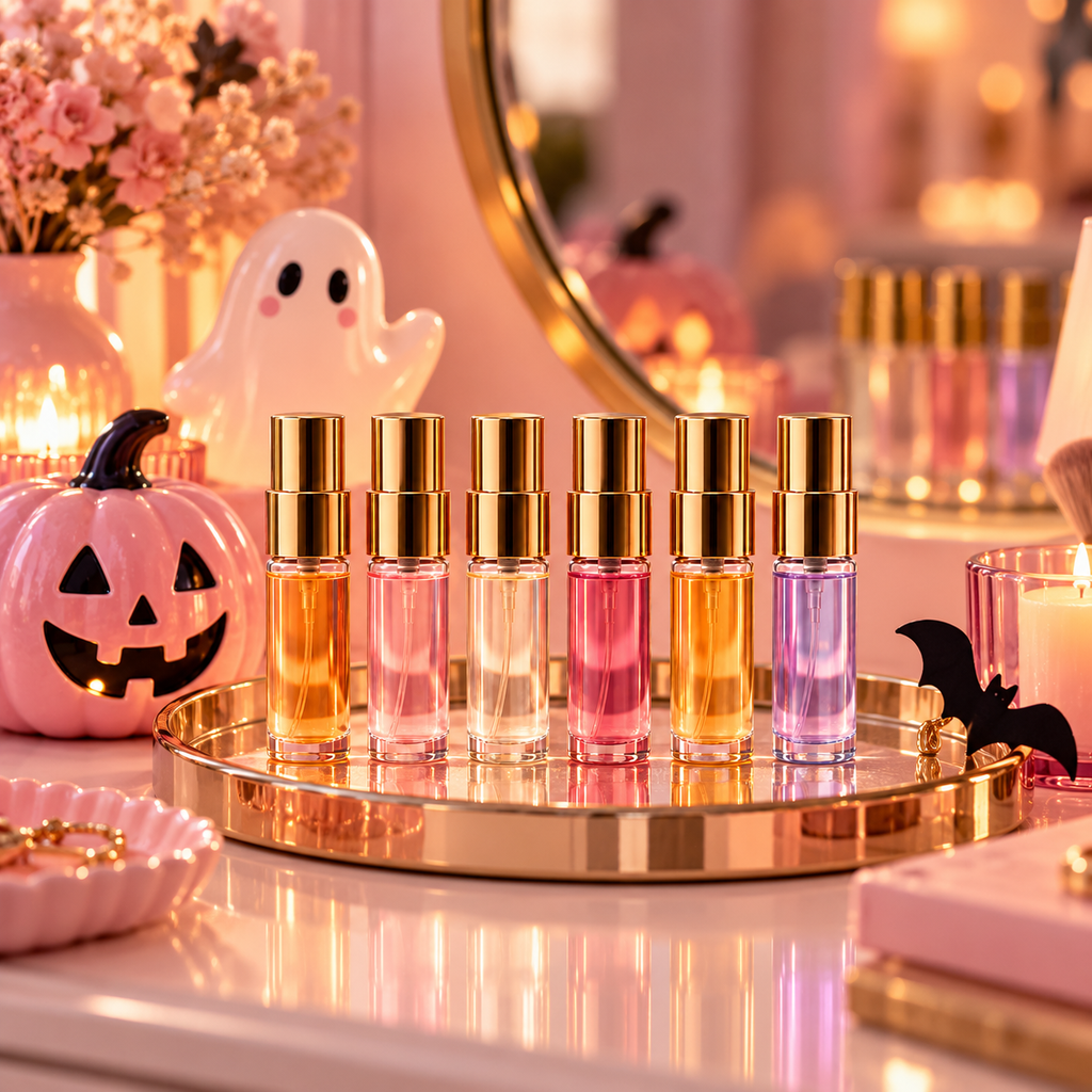 Seis decants de perfume de tapa dorada en tocador de Halloween; imagen referencial