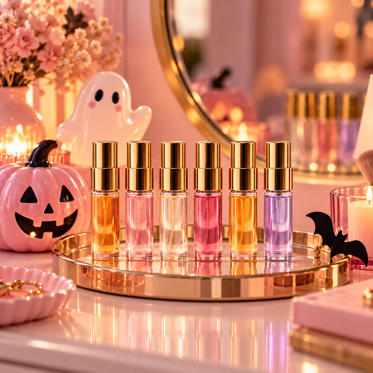 Seis decants de perfume de tapa dorada en tocador de Halloween; imagen referencial